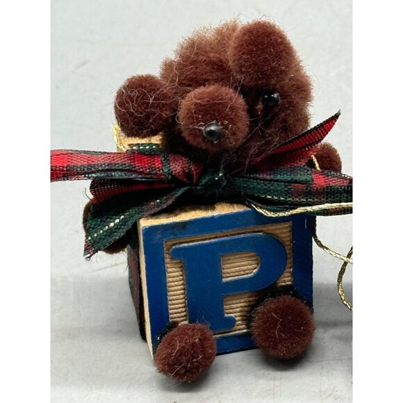 Vintage handmade Fuzzy Bear & Mouse Christmas Tree Ornaments On Alphabet Blocks - Picture 2 of 7